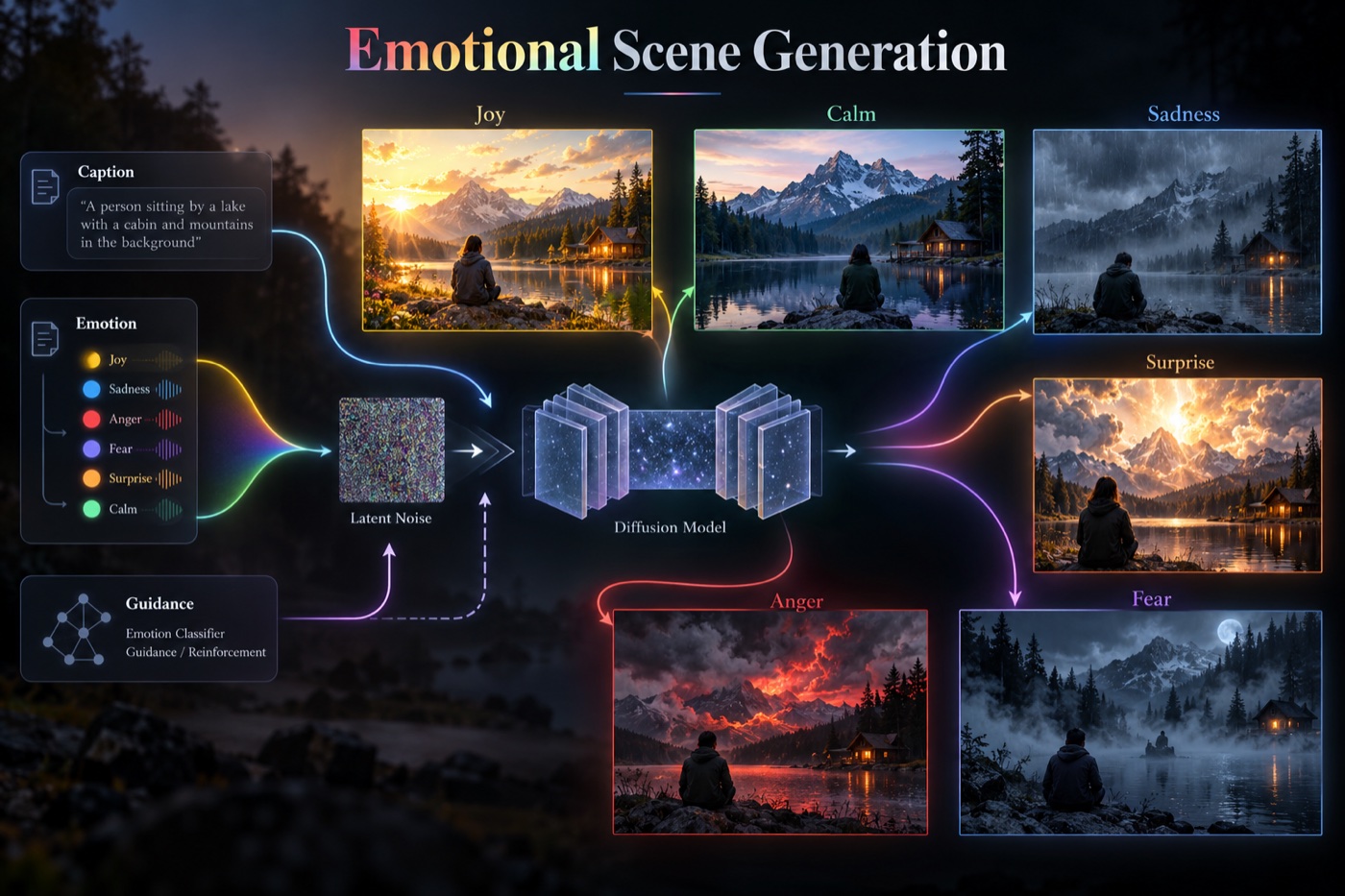 Emotion-conditioned scene generation: a caption and an emotion condition the diffusion model, and classifier guidance steers sampling toward the target emotion